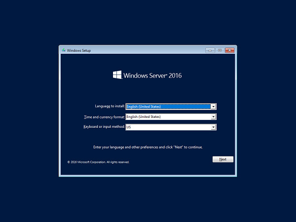 Giao diện cài đặt Windows Server 2016